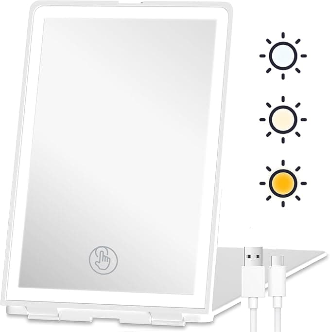 Travel Makeup Mirror with Lights, Rechargeable Portable Folding Compact Mirror, Lighted Makeup Mirror with 72 LEDs 3 Color Light Modes, Dimmable Touch Screen LED Vanity Mirror with Lights