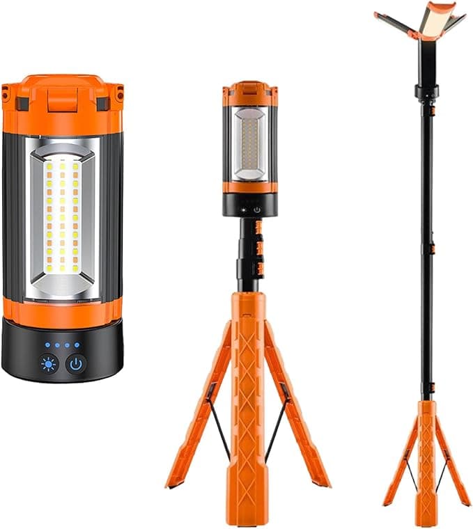 Rechargeable LED Camping Light with Detachable Tripod, 10000mAh Cordless Work Light with Adjustable 3 LED Lamp Heads, Dimmable Magnetic Lamp for Garage, Camping, Outdoor Emergencies, Orange