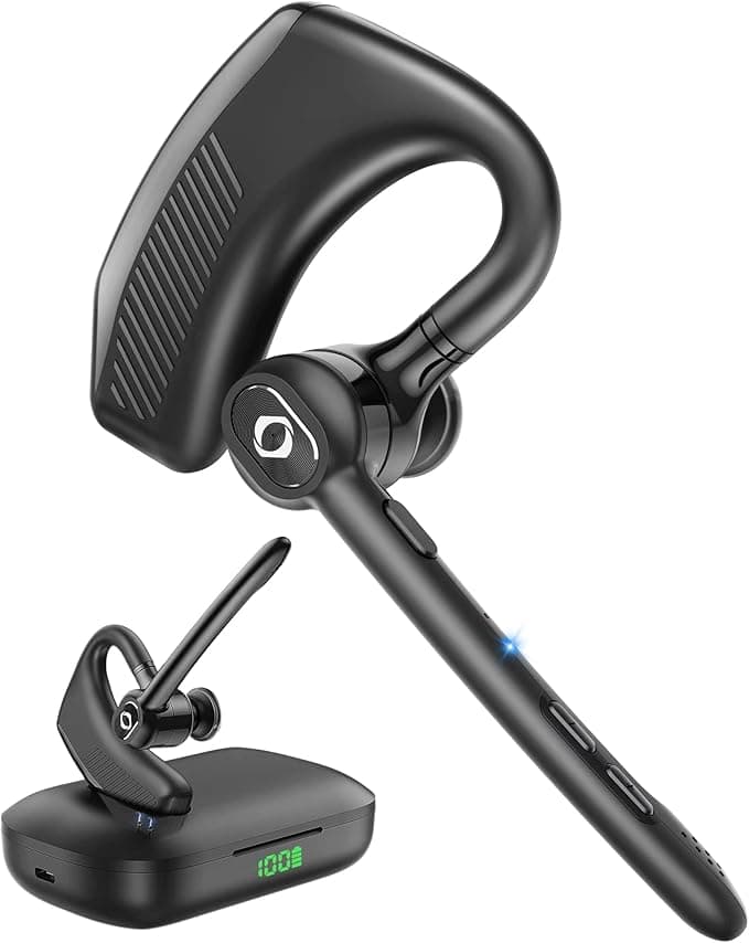 Bluetooth Headset Wireless Earpiece for Android iPhone 180H Playtime 1000mAh Wireless Charging Case Microphone Earpiece Handsfree Single Ear Headset Digital Display Phones Computer Drivers Work Game