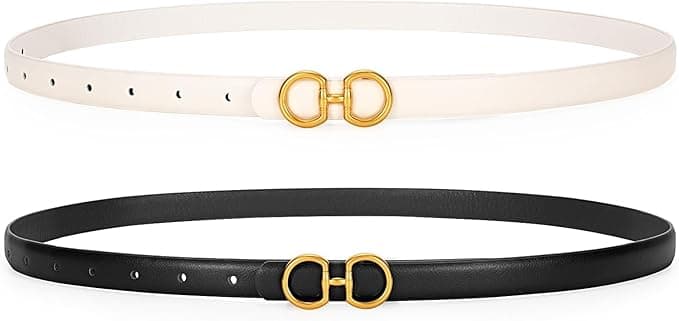 CESCOSI Women Skinny Leather Belts Ladies 2 Pack Thin Waist Belts with Gold Buckle for Dresses 0.7" Width