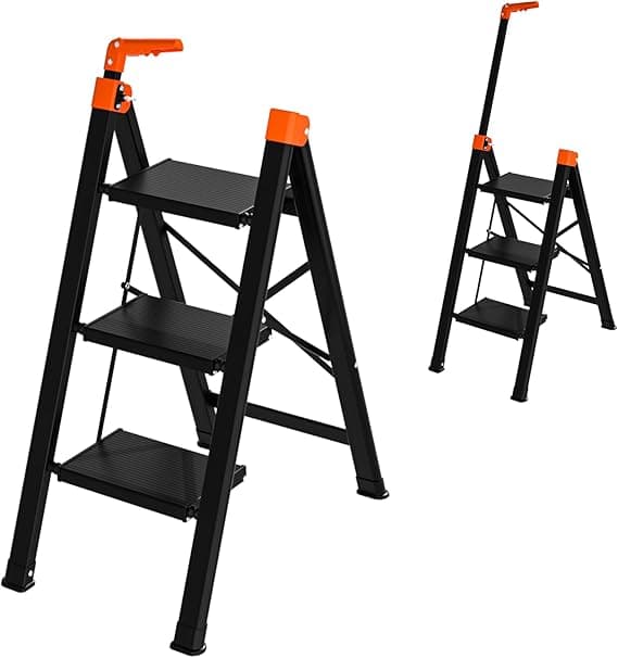 3 Step Ladder with Single-Handrail,Retractable Handgrip Folding Step Stool,Lightweight Aluminum Step Ladder 3 Step Folding,600lbs Max Load Capacity for Household,Kitchen,Office
