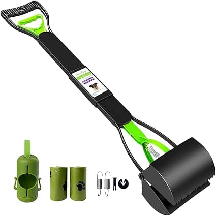 32" Pooper Scooper for Large Small Dogs with 30 Dog Poop Bags & Dispenser Attachment, Extra Long Handle Heavy Duty Poop Scoop, Foldable Dog Poop Picker Upper for Yard