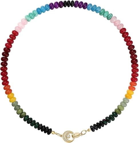 Colorful Boho Beaded Necklace for Women, Multilayer Gemstone Choker Jewelry, 18K Gold Plated Natural Stone Beach Surfer Necklace