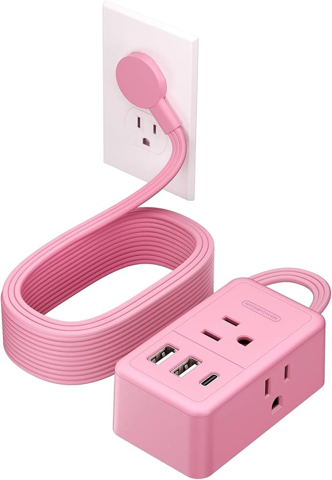 NTONPOWER Pink Extension Cord 15 ft, Pink Power Strip Flat Wall Plug with 3 Outlets 3 USB (1 USB C), Flat Extension Cord for Home Office Dorm Room Essentials