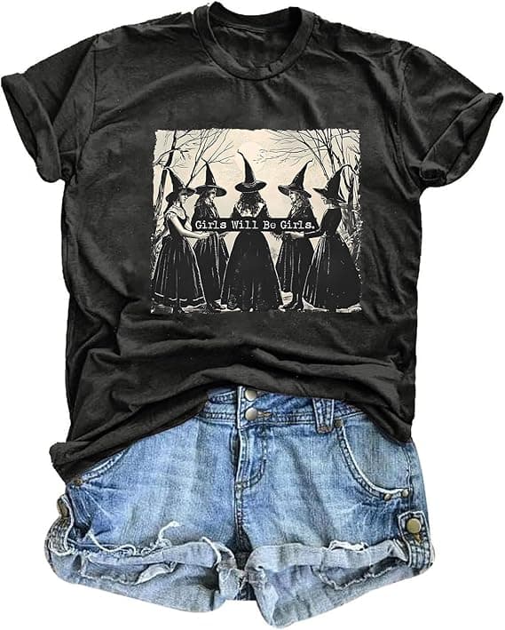 Halloween Shirts for Women Witch Shirt Vintage Spooky T Shirt Girls Will Be Girls Shirt Novelty Halloween Party Tee Tops
