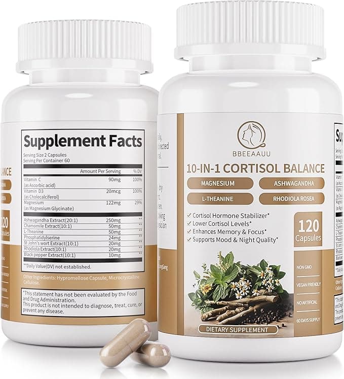 Cortisol Supplements for Women & Men - 10-in-1 Cortisol Reducer Manager Detox with Ashwagandha, Magnesium - Lower High Cortisol Levels, Relaxation & Night Support, Non-GMO, 120 Capsules