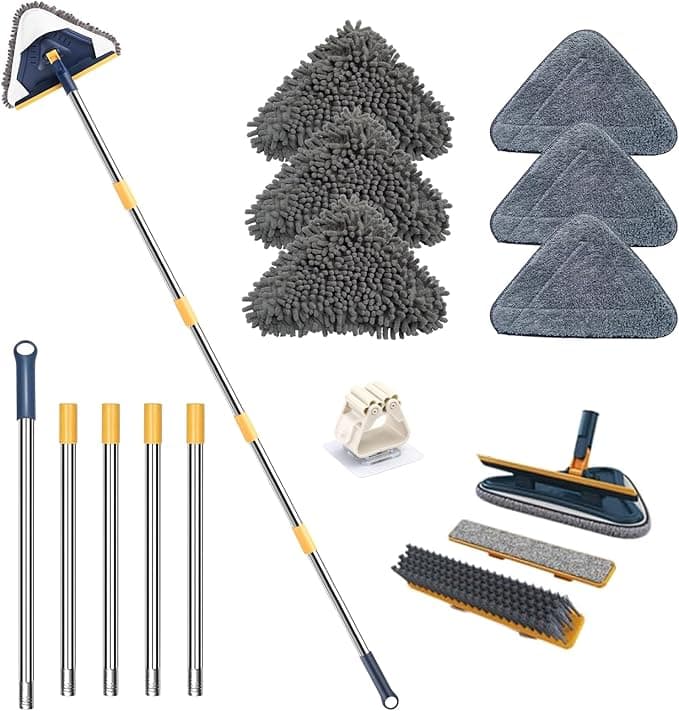 Wall Cleaner Mop with Long Handle, 5-in-1 Wall Cleaning Dust Mop with 6 Replacement Chenille Microfiber Pads, Squeegee, Scrubber, Duster Cleaning Tools for Wall, Window, Floor, Ceiling
