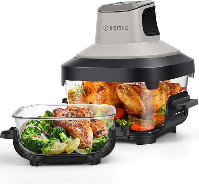 Kismile Air Fryer, 4-in-1 Portable Glass Air Fryer Cooking System, 4.5QT & 1.8QT Glass AirFryer Containers with Storage Lids, Air Fry, Grill, Bake, Roast, Microwave, Freezer & Dishwasher Safe, 1550W