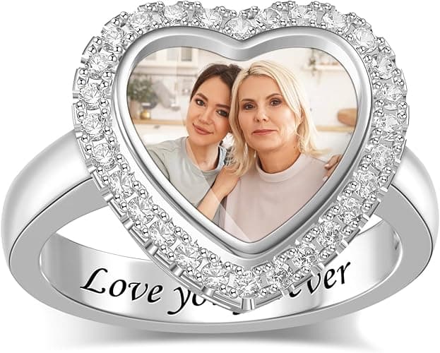 Heart Locket Photo Ring with Name Personalized Picture Rings with Birthstones Engraved Memorial Ring Christmas Gift for Mom Women
