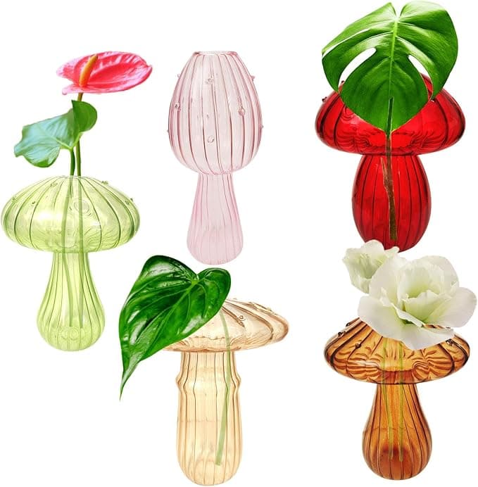 Plant Propagation Station, Set of 5 Colored Propagation Vases for Plants, Small Mushroom Glass Vase for Hydroponics Home Garden Office Decoration, Cute Decor Planter Terrarium Jar Gifts for Women
