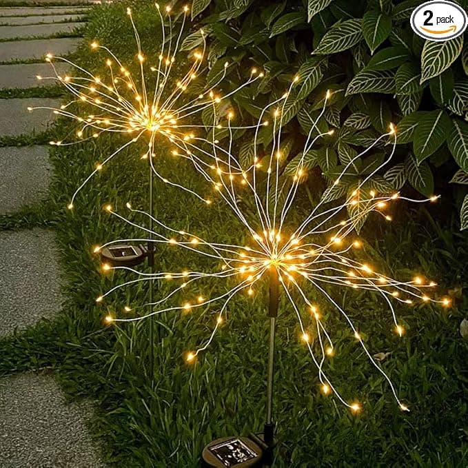 Solar Firework Lights 2Pcs Garden Lights Outdoor Waterproof, 120 LED with 8 Modes Twinkling and Steady-On, Festive daysStarburst Lights for Path, Patio, Yard (Warm White)