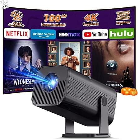 Mini Projector with WiFi and Bluetooth, 4k Support Portable Outdoor Projector, 200 ANSI Lumens, Smart Projector with Android, Built-in App Movie Proyector for Home Theater, Camping, Gaming