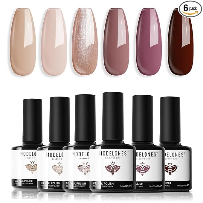 modelones Gel Nail Polish Set -6 Colors Fall Winter Nude Brown Gel Polish Kit Neutral Raspberries Purple Pearl Glitter Nail Polish Soak Off LED Starter Kit Manicure Nail Art Salon DIY Gift