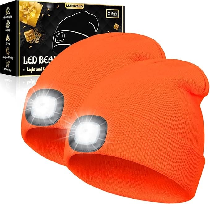 LED Beanie Hat with Light, USB Rechargeable LED Headlamp, Christmas Stocking Stuffers for Men Adults, Gifts for Men Him Husband, Boyfriend, Orange, 2PCS