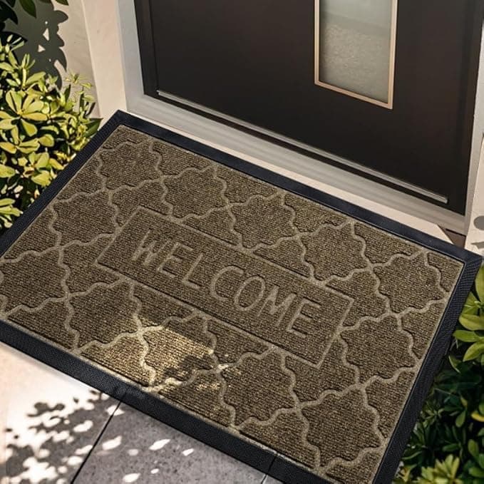Welcome Mat Outdoor, Sturdy Front Door Mat, Heavy Duty Non-Slip Natural Rubber Low Profile Doormat, Absorbent Muddy Dirt Resist, Fade Resistant, Easy Clean Entryway Rug for Entrance, 30"x17", Khaki