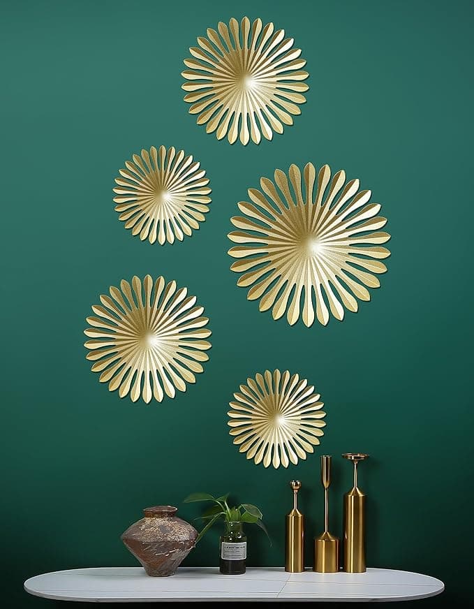 BOTAOYIYI Gold Wall Art Set Of 5, Gold Sunburst Wall Decor, Metal Modern Accent Large Hanging Boho Decorations For Living Room Home Entry Office Bedroom Bathroom Or (L-9.6 M-7.7, S-5.9) (F)