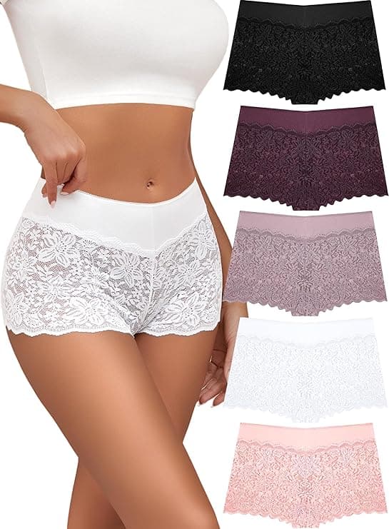 Lace Boy Shorts Sexy Cheeky Panties Breathable Womens Underwear Stretch Cotton Waistband Underwear Women 5 Pack
