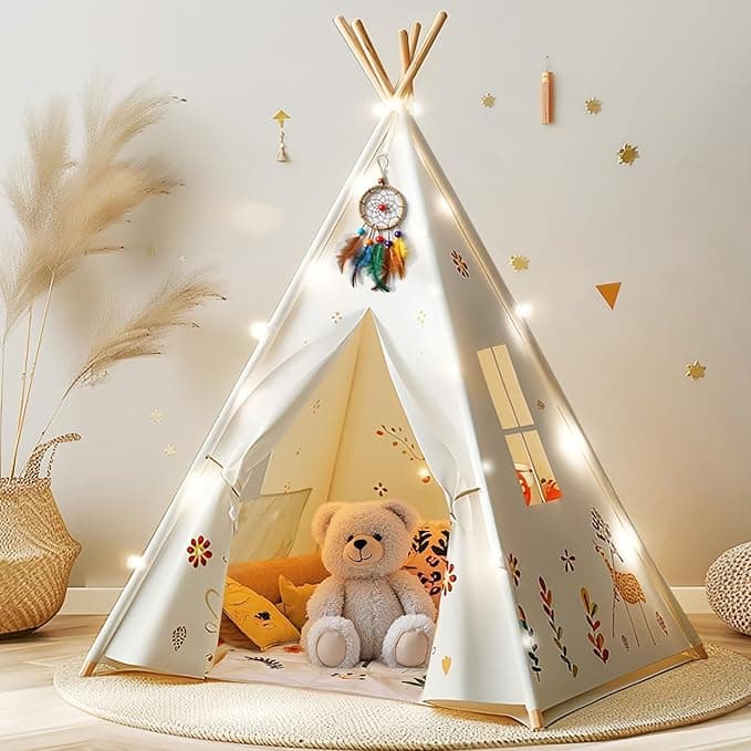Teepee Tent for Kids, Natural Cotton Toddler Play Tent with Light & Mat and Dream Catcher, Foldable Kids Teepee Tent Easy to Assemble for Girls & Boys