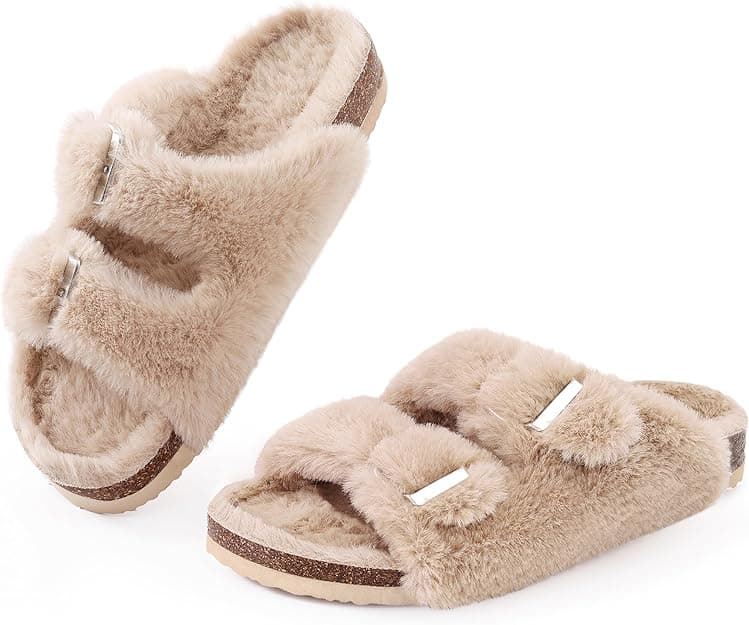 KIDMI Fuzzy Slippers Women with Cork Footbed Fluffy Slides Open Toe Indoor House Shoes | Arch Support | Adjustable Buckles