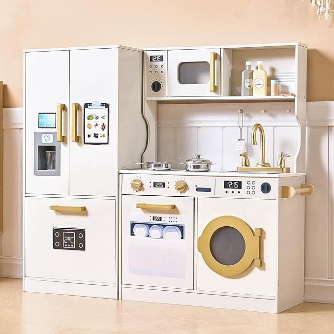 Kids Kitchen Playset with Realistic Design, Luxury Play Kitchen with Extended Storage Cabinets, Toy Kitchen for Toddlers with Coffee Counter, Cookware Accessories, Oven, Microwave (Soft White)