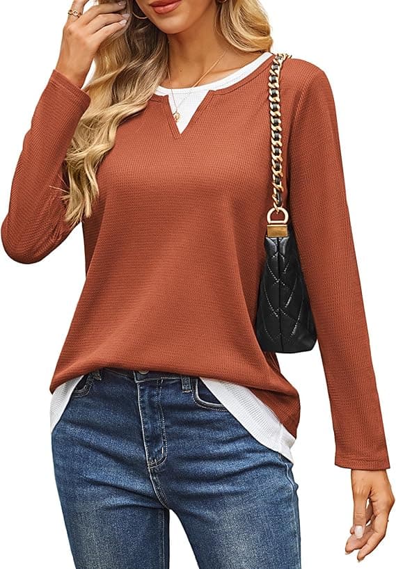 GRACE KARIN Women 2025 Fall Long Sleeve Shirts,Casual Waffle Knit Tops,Crew Neck Color Block Tunics Winter Dressy Work Outfit
