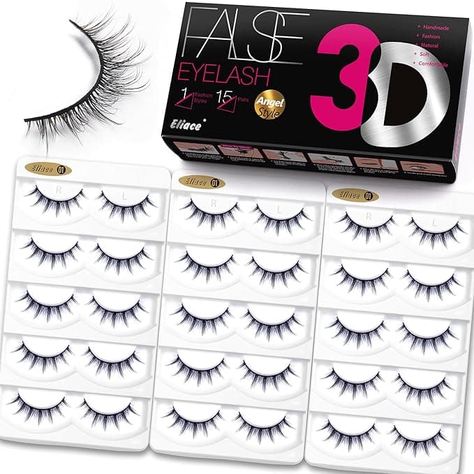 Eliace 3D Mink False Eyelashes Cat Eye Wispy Fluffy Natural Look Reusable Lash Strips 15 Pairs