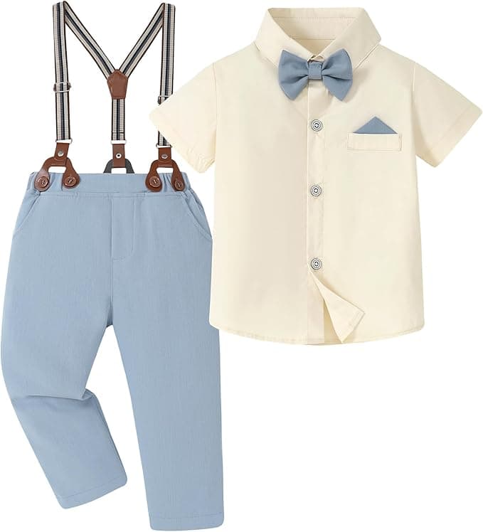 Toddler Boys Semi Formal 3 Piece Outfit Shirt Suspender Pants Bow Tie Ages 1 to 5