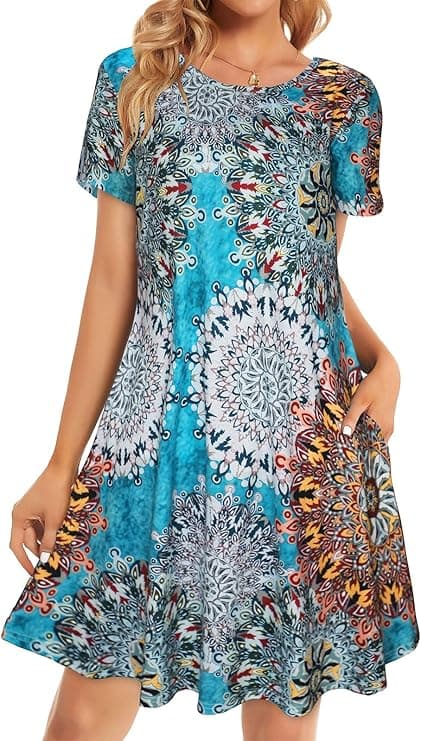 Womens Summer Beach Casual Loose Floral T Shirt Dress with Pockets